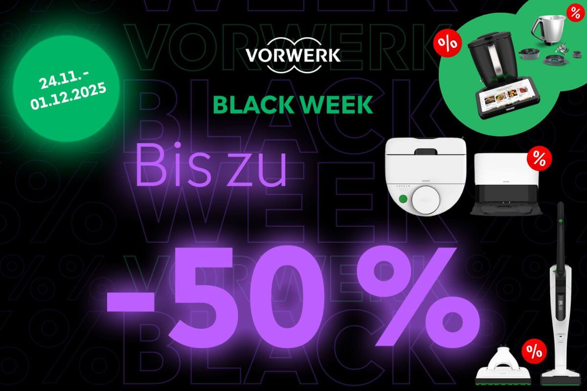 Thermomix und Zubehör (Mixtopf, Gemüsestyler, Sensor) und Vorwerk Kobold Produkte mit Rabattkennzeichnungen während der Black Friday Week.